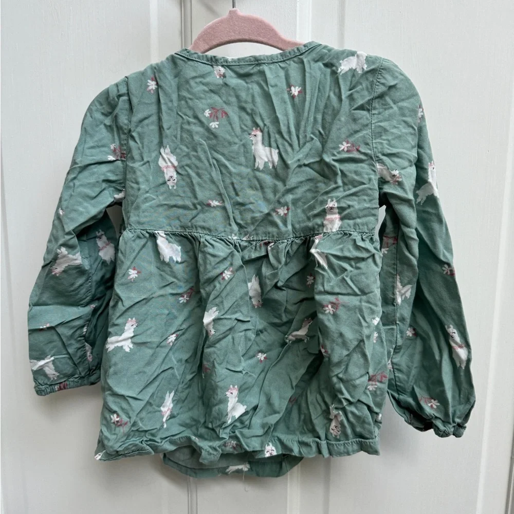 Carter’s 2T Green & White Llama Girls Long Sleeve Top Flowy Blouse